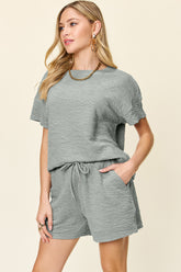 Double Take Full Size Texture Short Sleeve T-Shirt and Drawstring Shorts Set OutfitFlow